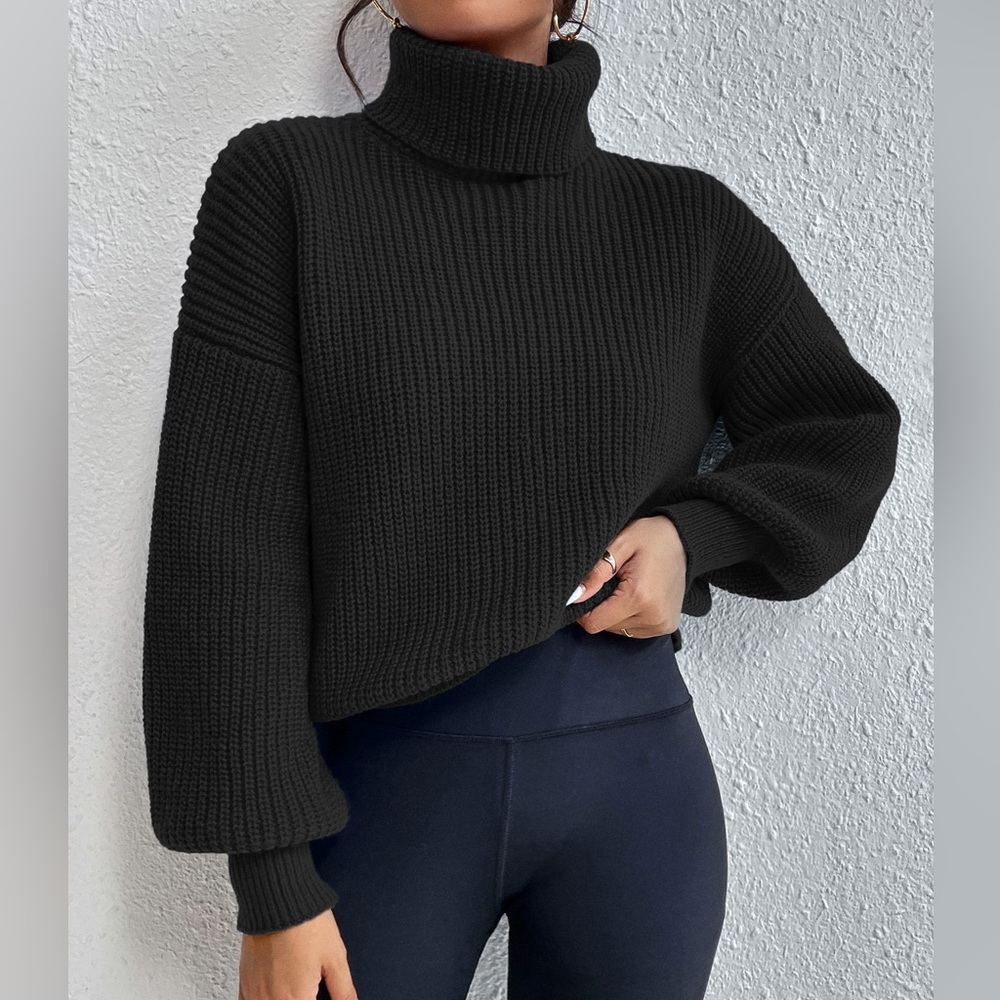 Turtle neck pull over rib knit long sleeve sweater blue - Picture 4 of 15